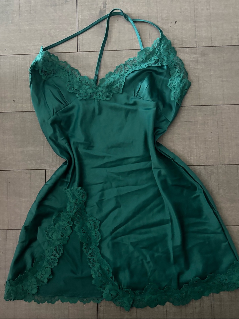 🦋Vintage🦋Coquette Girl-Silky Lace-Trim Emerald Green Chemise Slip Dress